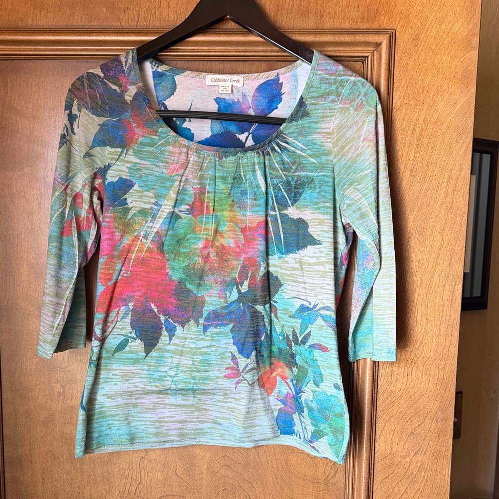 Coldwater Creek Teal Floral Scoop Neck Long Sleeve Top